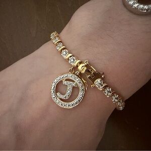 gold vermeil sterling silver diamond illusion setting tennis bracelet w/ J charm